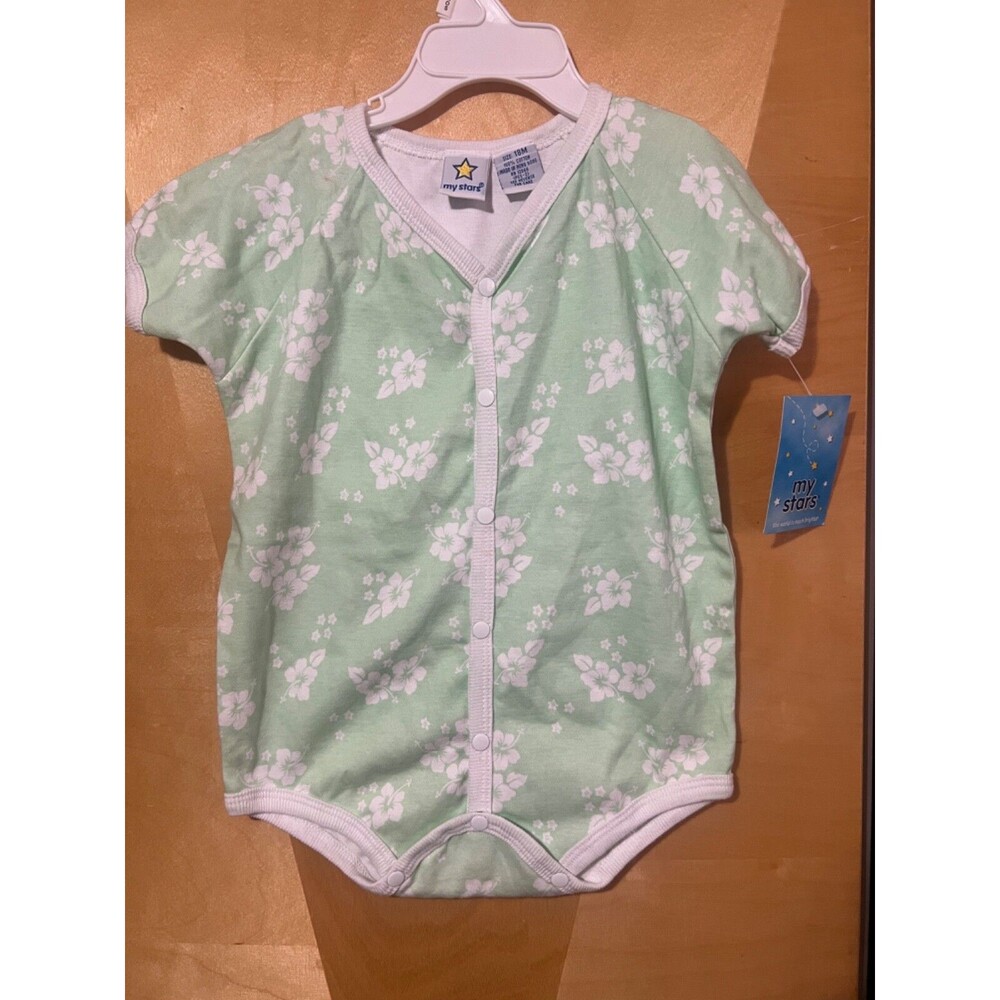 My Stars Baby One Piece 18 Months Green Flowers Short Sleeve New